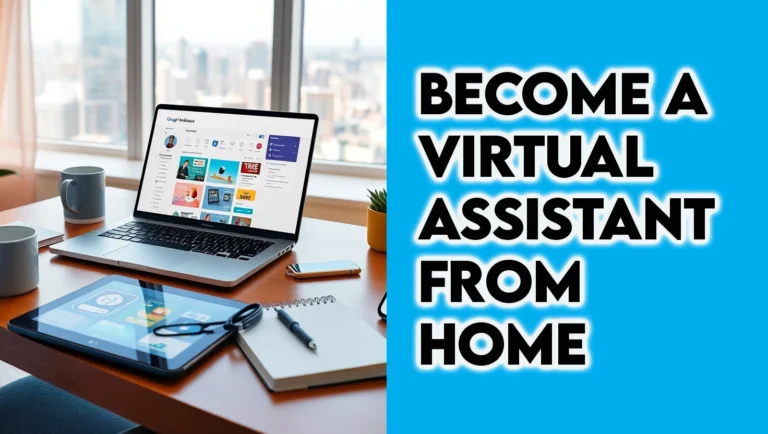 A photorealistic image of a virtual assistant in a modern home office with a laptop, tablet, and smartphone, surrounded by service icons, representing how to become a virtual assistant from home and launch a virtual assistant side hustle in 2025