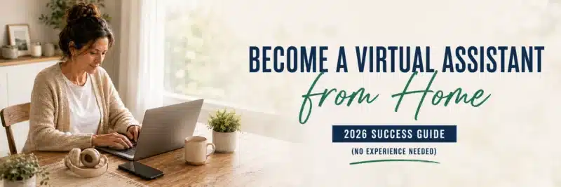 Woman working at a dining table learning to become a virtual assistant from home