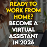 Aspiring VA starting her remote career with a laptop and coffee in hand.