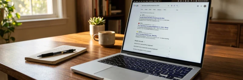 Laptop on a warm walnut home office desk displaying a Google search results page with the People Also Ask section visible as part of a beginner SEO tips guide for bloggers