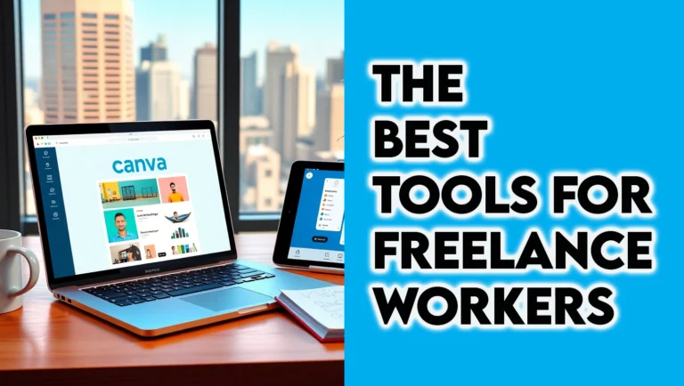 A photorealistic image of a freelancer in a modern home office with Canva, Trello, and Zoom, surrounded by tool icons, representing the best tools for freelancers and freelancer productivity tools in 2025