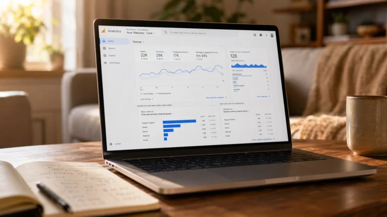 Laptop on a warm living room coffee table displaying a Google Analytics 4 dashboard with an upward trending sessions graph and channel breakdown as part of a blog analytics for beginners guide