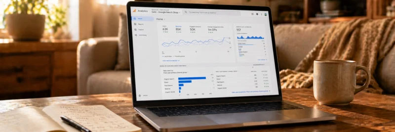 Laptop on a warm living room coffee table displaying the Google Analytics 4 overview dashboard with a growing sessions graph and channel breakdown as an introduction to blog analytics for beginners