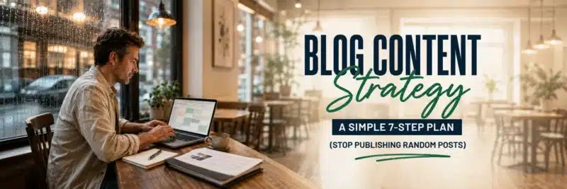 Man planning a blog content strategy on a laptop at a café