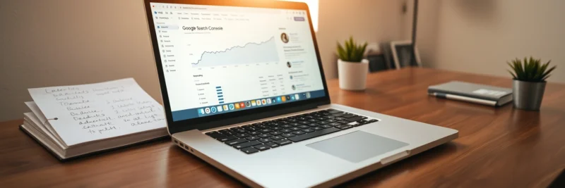  Laptop on a warm walnut home office desk showing a Google Search Console dashboard with growing traffic alongside a content planning notebook representing a blog content strategy