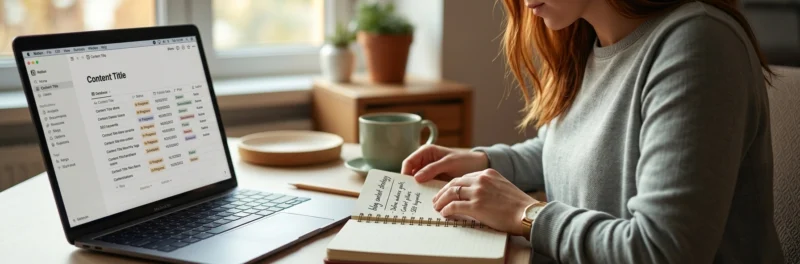 Woman planning blog content strategy using notebook and laptop with Notion