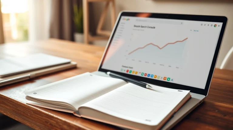 Laptop on a warm walnut home office desk displaying a Google Search Console performance dashboard with an upward trending traffic graph as part of a blog content strategy guide