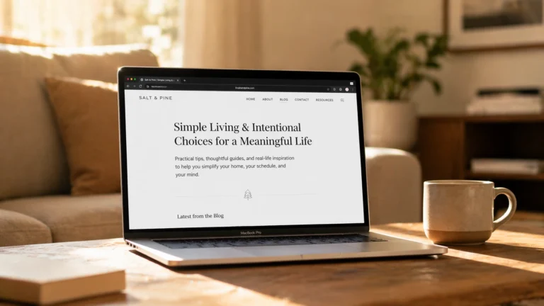 Laptop on a warm living room coffee table displaying a clean minimal WordPress blog homepage with clear navigation and readable typography as part of a blog design for beginners guide