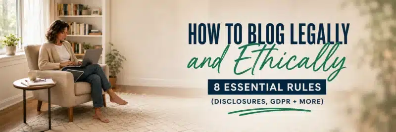 How to blog legally and ethically, woman reviewing disclosure pages on a laptop