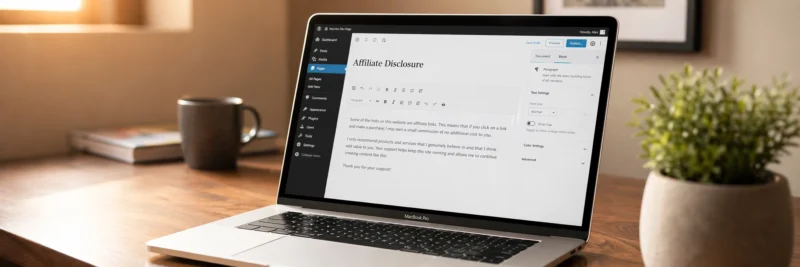 Laptop on a warm walnut home office desk displaying a WordPress page editor open to an affiliate disclosure page as part of a guide on how to blog legally and ethically