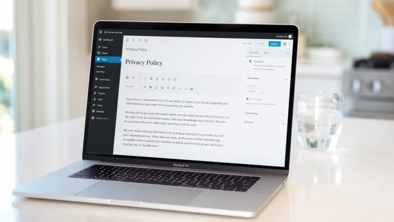 Laptop on a bright white kitchen island displaying a WordPress page editor open to a Privacy Policy page as part of a guide on how to blog legally and ethically