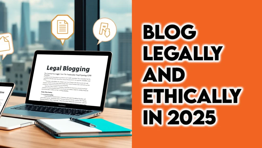 Photorealistic image of a blogger’s office with legal pages and GDPR tools, representing blog legally and ethically and affiliate disclosures in 2025