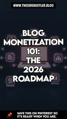 A remote worker earning a flexible income from a beautiful balcony with a mountain view. 3D visualization of different blog monetization streams connecting to a central website.