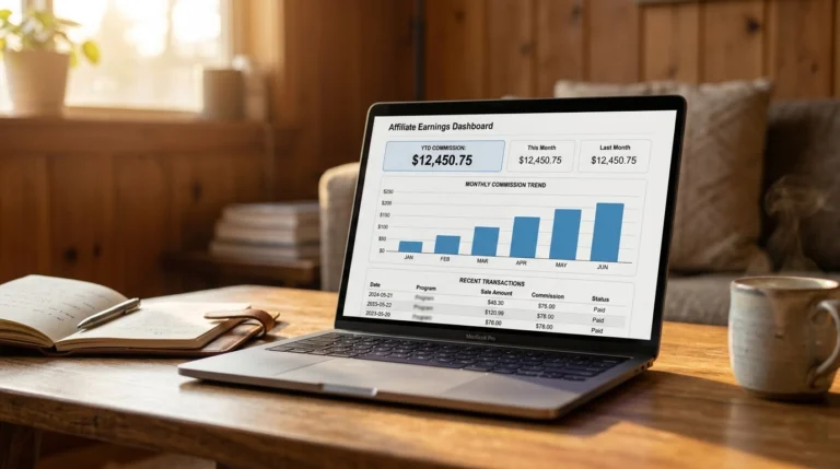 Laptop on a warm living room coffee table displaying an affiliate earnings dashboard with a bar chart showing growing monthly commissions as part of a guide to blog monetization strategies