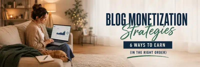 Woman reviewing blog monetization strategies on a laptop