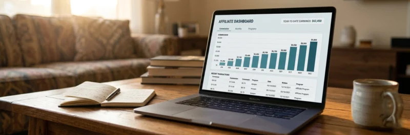 Laptop on a warm living room coffee table displaying an affiliate earnings dashboard with growing monthly commissions as an overview of blog monetization strategies