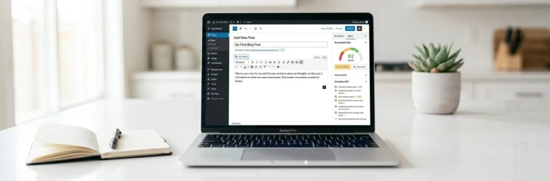 Laptop on a bright white kitchen island displaying the WordPress Gutenberg editor with a first blog post being written after committing to a blog niche idea