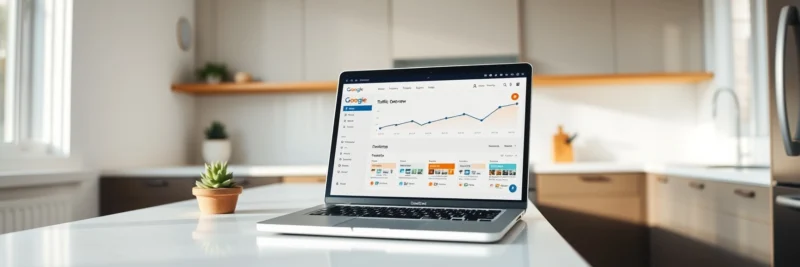 Laptop on a bright white kitchen island displaying a Google Analytics 4 dashboard with an upward trending traffic graph showing the results of a consistent blog posting strategy
