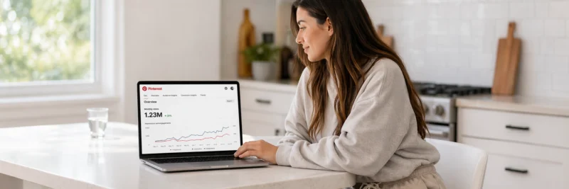 Woman in casual clothes at a bright white kitchen island with laptop showing Pinterest business account analytics with upward trending monthly views as one of the key blog promotion strategies