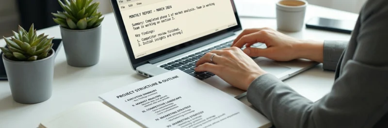 Beginner blogger writing a structured blog post using an outline on a laptop