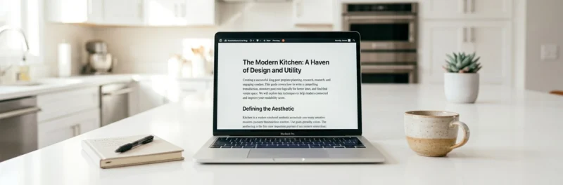 Laptop on a bright white kitchen island displaying the WordPress post preview page showing a clean formatted blog post layout as part of a guide to blog writing tips