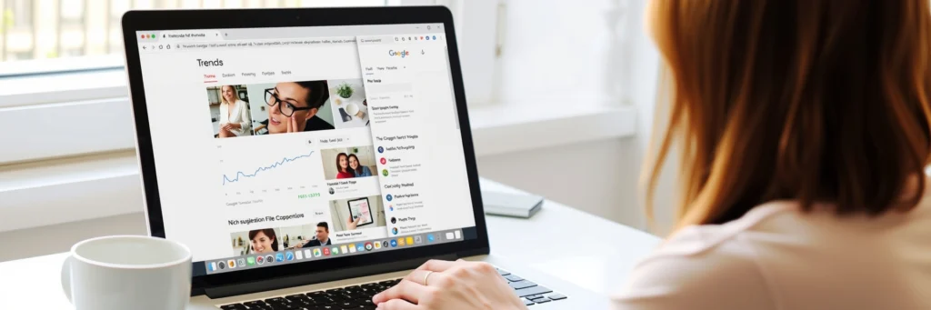Photo-realistic Image of a Woman Using Google Trends and Pinterest to Research Blog Niche Demand and Seo Keywords; Laptop Screen Shows Keyword Tools and Analytics Data.