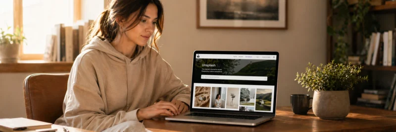 Woman in casual home working clothes at a warm walnut home office desk with laptop showing the Unsplash website with free licensed images as part of meeting blogging legal requirements around copyright