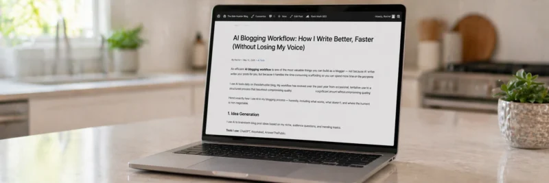 Laptop on a bright white kitchen island displaying the WordPress post preview showing a clean formatted blog post ready to publish as the final stage of a blogging with AI tools workflow