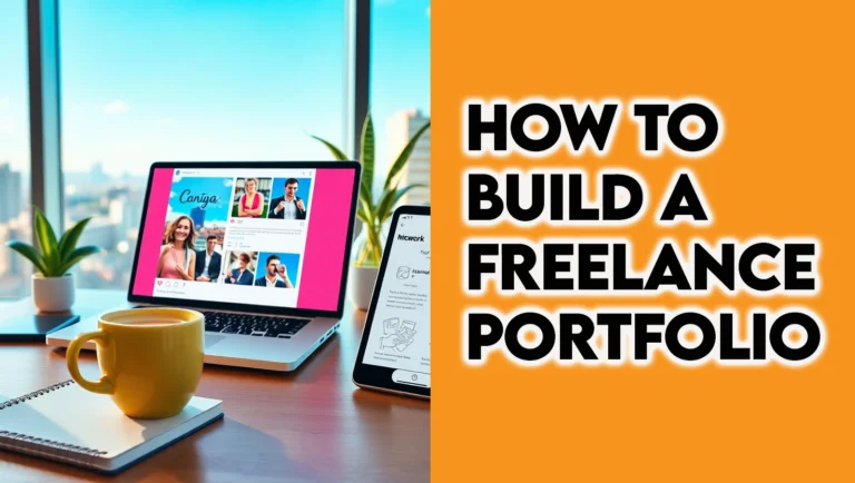 A photorealistic image of a freelancer in a modern home office with Canva, Notion, and Upwork, surrounded by portfolio icons, representing how to build a freelance portfolio with no experience and online freelance portfolio in 2025
