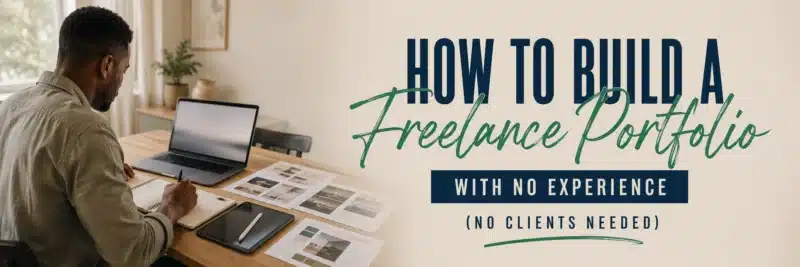 A man in his thirties laying out work samples at a table, showing how to build a freelance portfolio with no experience