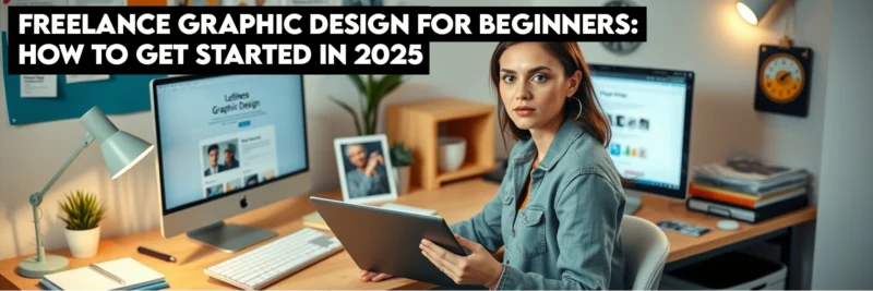 Beginner female designer building first portfolio with logos and graphics in modern workspace