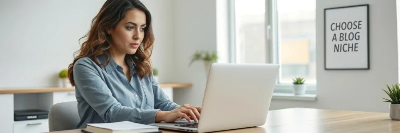 Woman brainstorming blog ideas beside a sign that says choose a blog niche.