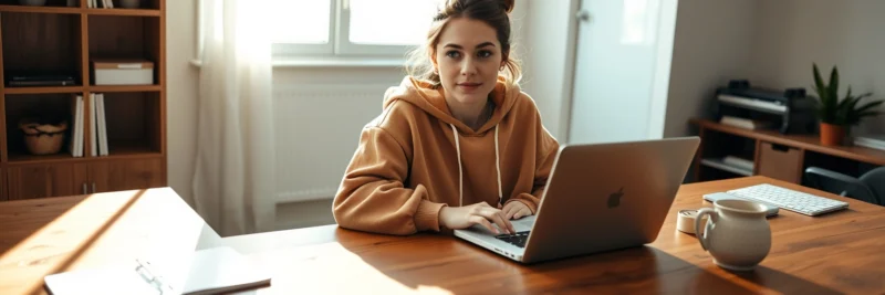 Woman in casual home working clothes at a warm walnut home office desk reviewing a content calendar spreadsheet with post titles and publish dates as part of a content strategy for bloggers
