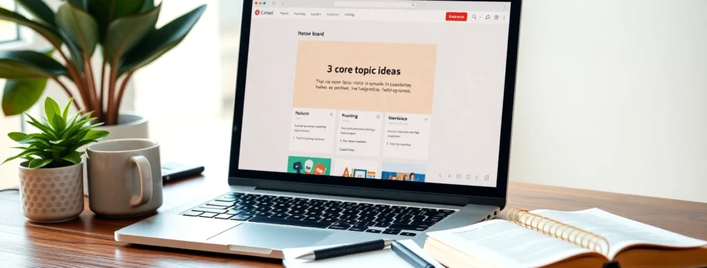 A photorealistic image of a blogger planning core topics in Notion, showcasing blog content strategy and content strategy for bloggers in 2025