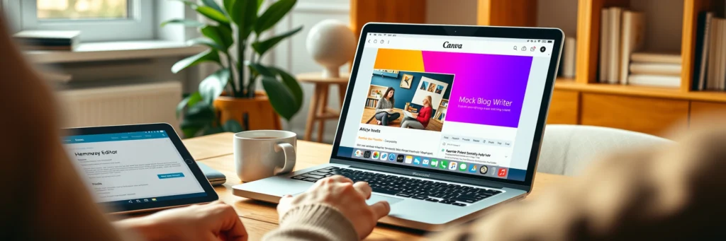Proven Steps: How to Become a Freelance Writer in 2025 and Get Paid Online 3 A semi-stylized illustration of a freelance writer creating a mock blog post in Canva, showcasing freelance writing for beginners and how to become a freelance writer in 2025