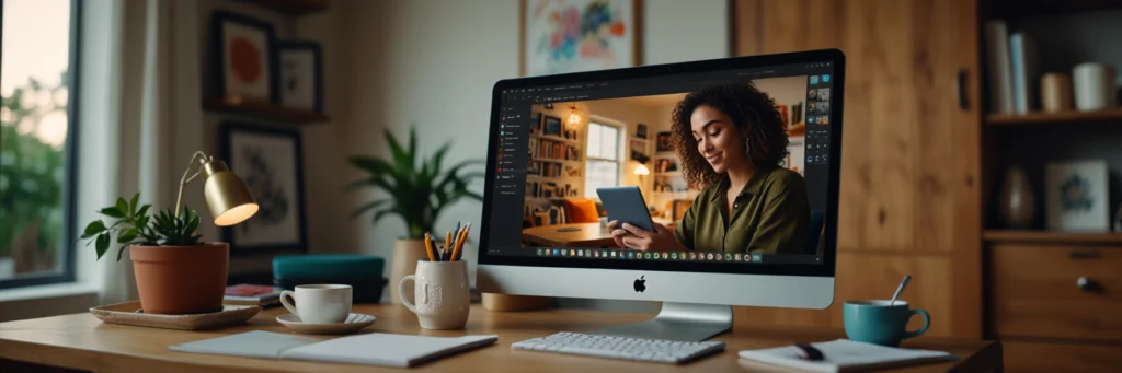 Social Media Manager Mastery: Launch Your Freelance Career in 2025 4 A semi-stylized illustration of a social media manager creating an Instagram story in Canva, showcasing Instagram manager for coaches and social media freelance job in 2025.