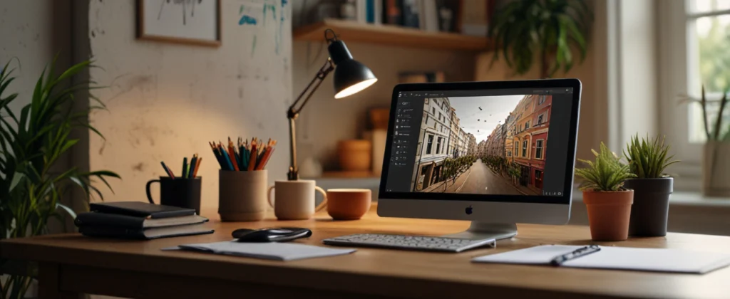 Freelance Graphic Design for Beginners — Launch Your Creative Career From Home (2025) 2 A photorealistic image of a freelance graphic designer’s home workspace with Canva and Figma, perfect for freelance graphic design for beginners and remote graphic design work in 2025.