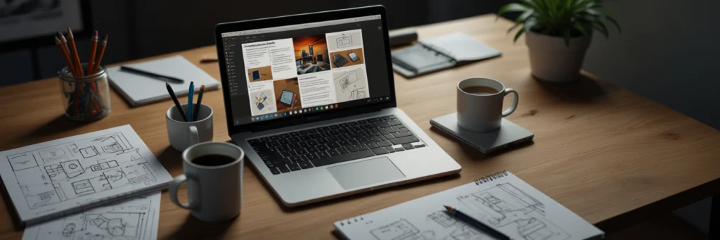 Freelance Graphic Design for Beginners — Launch Your Creative Career From Home (2025) 3 A photorealistic top-down view of a designer’s desk with Adobe Express, Figma, and Canva, showcasing tools for freelance graphic design for beginners and graphic design side hustle in 2025.