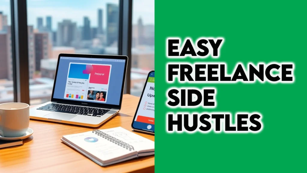 A photorealistic image of a freelancer in a modern home office with Canva, Notion, and Upwork, surrounded by side hustle icons, representing easy freelance side hustles and freelance work from home in 2025A photorealistic image of a freelancer in a modern home office with Canva, Notion, and Upwork, surrounded by side hustle icons, representing easy freelance side hustles and freelance work from home in 2025