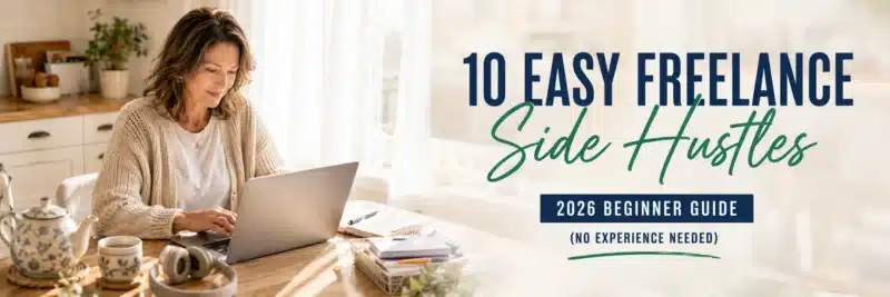 A woman in her forties working on a laptop at a kitchen table, illustrating easy freelance side hustles for beginners in 2026