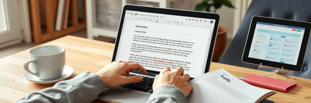 10 Best Tools for Freelancers in 2025: Save Time & Work Smarter 3 A semi-stylized illustration of a freelancer using Grammarly in Google Docs, highlighting freelancer productivity tools and time-saving tools for freelancers in 2025