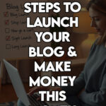 A woman rapidly launching her profitable blog using a checklist.