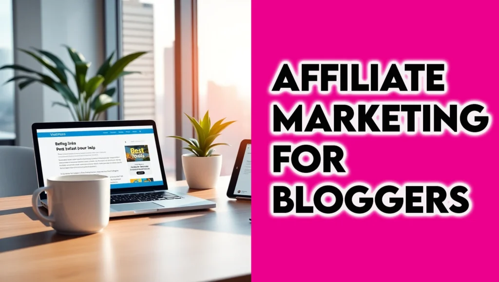 A photorealistic image of a blogger in a modern home office with WordPress, Canva, and ShareASale, representing affiliate marketing for bloggers and how to make money blogging in 2025