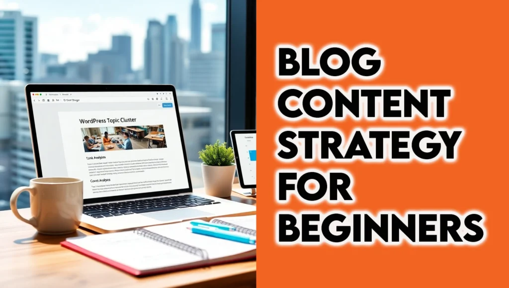 A photorealistic image of a blogger in a modern home office with WordPress, Canva, and Google Analytics, representing blog content strategy and beginner blog strategy in 2025