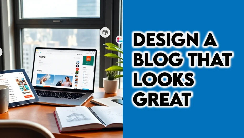 A photorealistic image of a blogger in a modern home office with WordPress, Canva, and Coolors, representing design a blog that looks professional and blog design for beginners in 2025