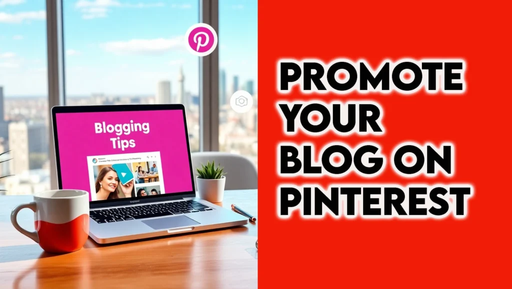 A photorealistic image of a blogger in a modern home office with Canva, Tailwind, and Pinterest Analytics, representing promote your blog on Pinterest and Pinterest SEO for blogs in 2025