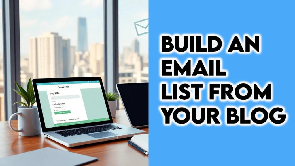 A photorealistic image of a blogger in a modern home office with ConvertKit, Canva, and Pinterest, representing build email list from blog and email opt-in for bloggers in 2025