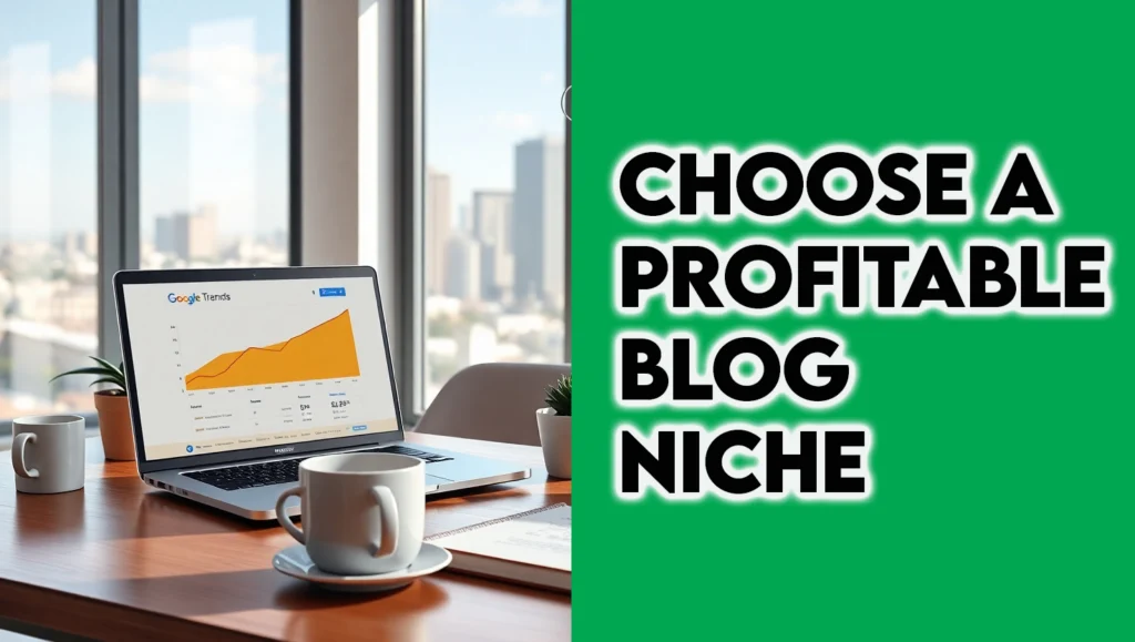 A photorealistic image of a blogger in a modern home office with Google Trends, Pinterest, and ShareASale, representing choose a blog niche and profitable blog niches in 2025