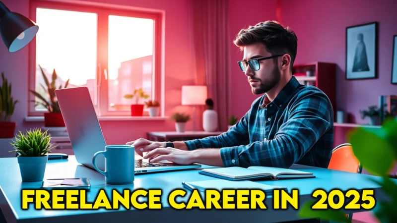 A photorealistic image of a freelancer in a modern home office, working on a laptop, tablet, and smartphone, with icons of writing, proofreading, and design, showcasing remote freelance careers from home and freelance jobs with no experience to start freelancing in 2025.