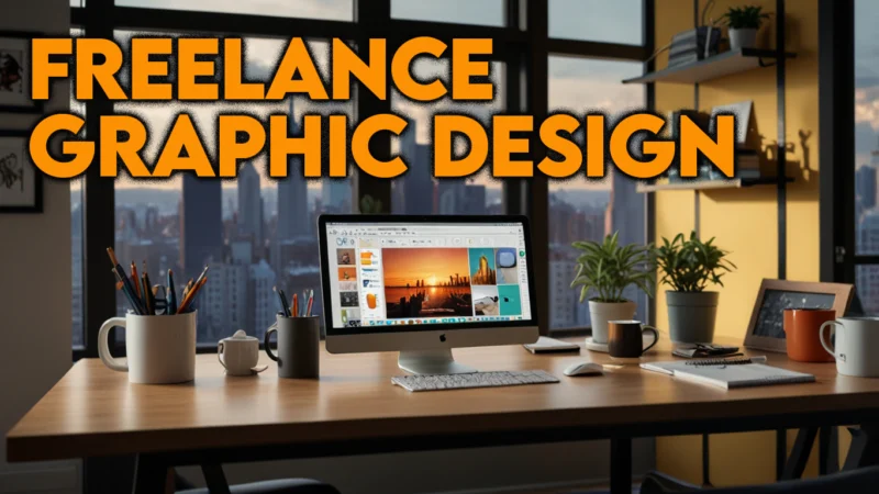 A photorealistic image of a freelance graphic designer in a modern home office with Canva, Figma, and Upwork, surrounded by design icons, representing how to become a freelance designer and launch a graphic design side hustle in 2025